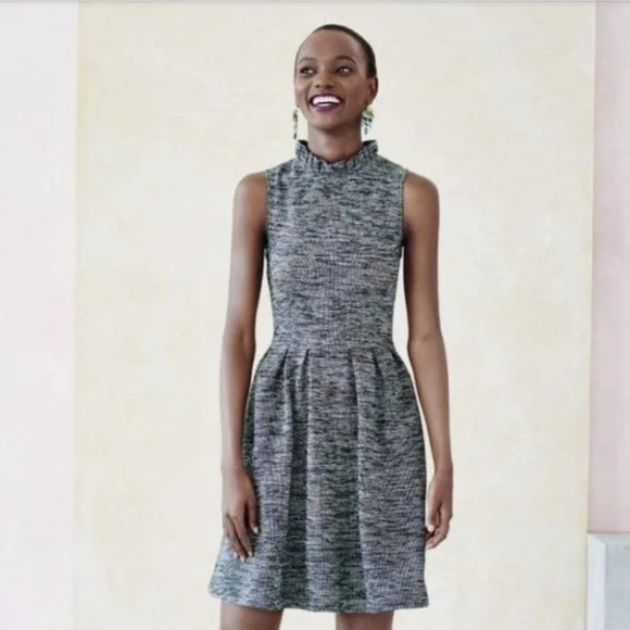 Ganni Anthropologie Pinnacle Tweed Knit Ruffle Mock Neck Fit and Flare Dress LP - Picture 2 of 11